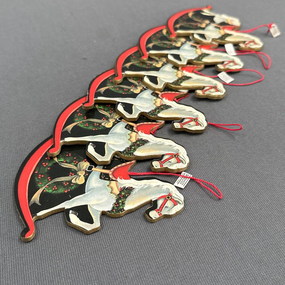 6 pc VTG Rocking Horse Cardboard Die Cut Christmas Tree Ornaments Midwest Import